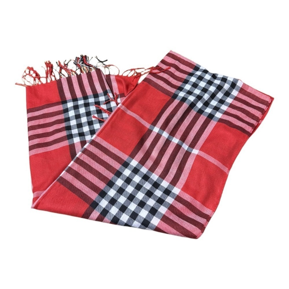 Pashmina Silk Blend Red Checkered Scarf Plaid One Size Fringe